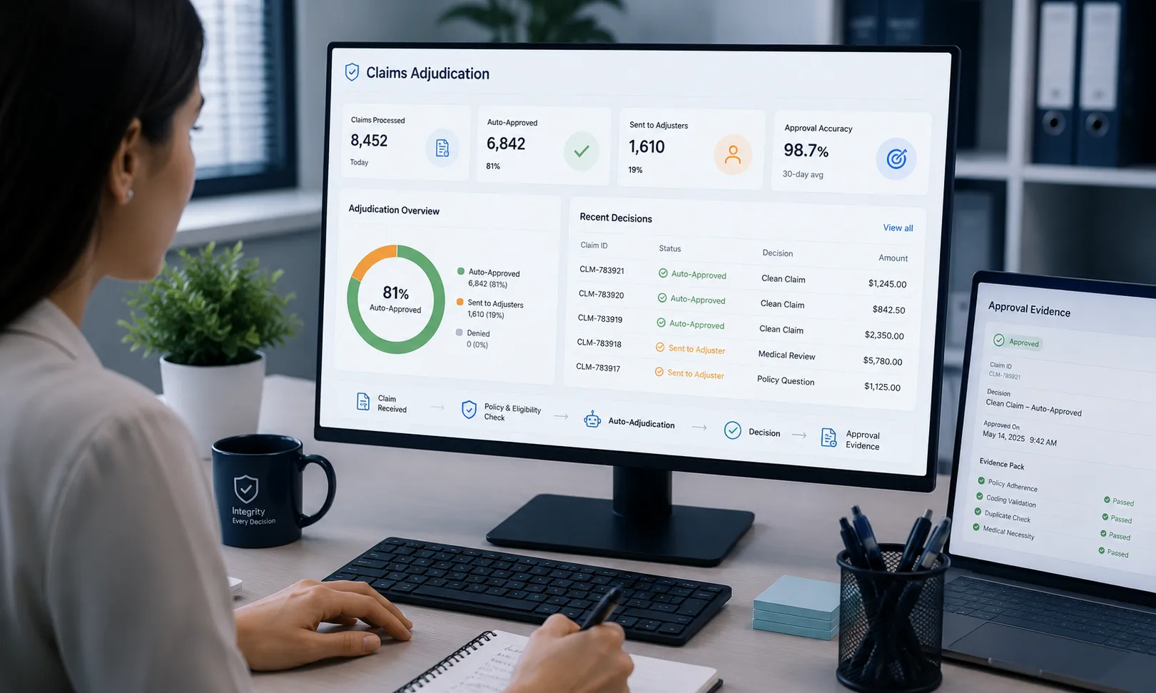 GenGuardX clean-claims auto-adjudication assistant approving a claim with policy-adherence checks on screen