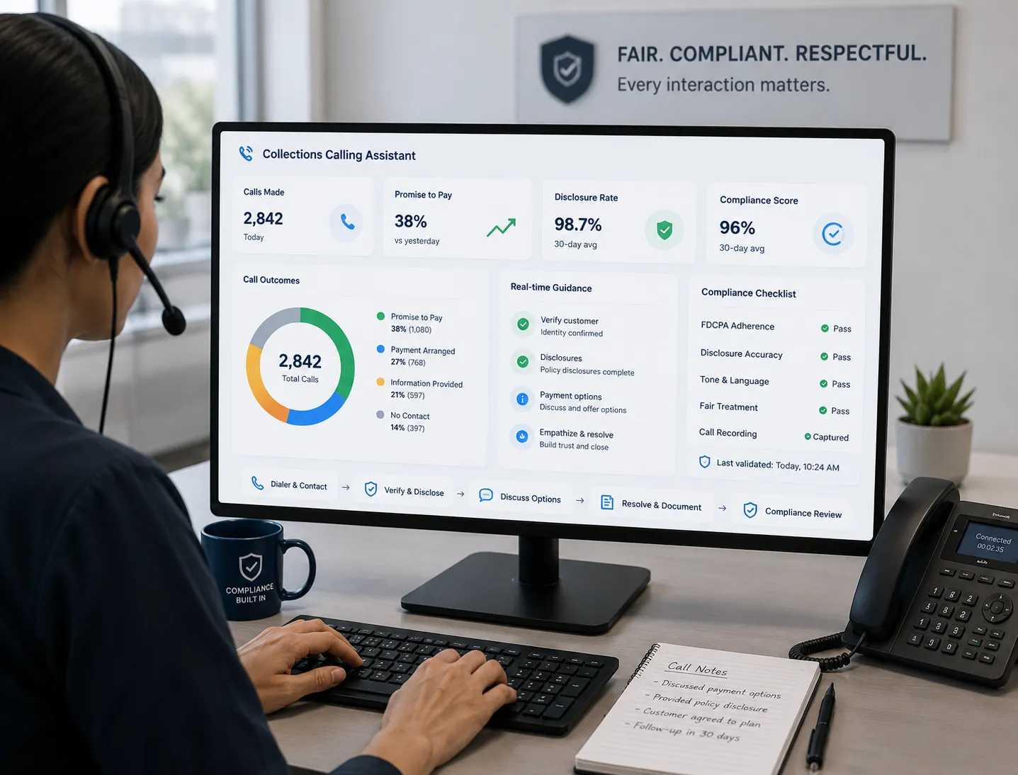 GenGuardX collections calling assistant tested for tone, disclosure, policy adherence, and fairness on screen