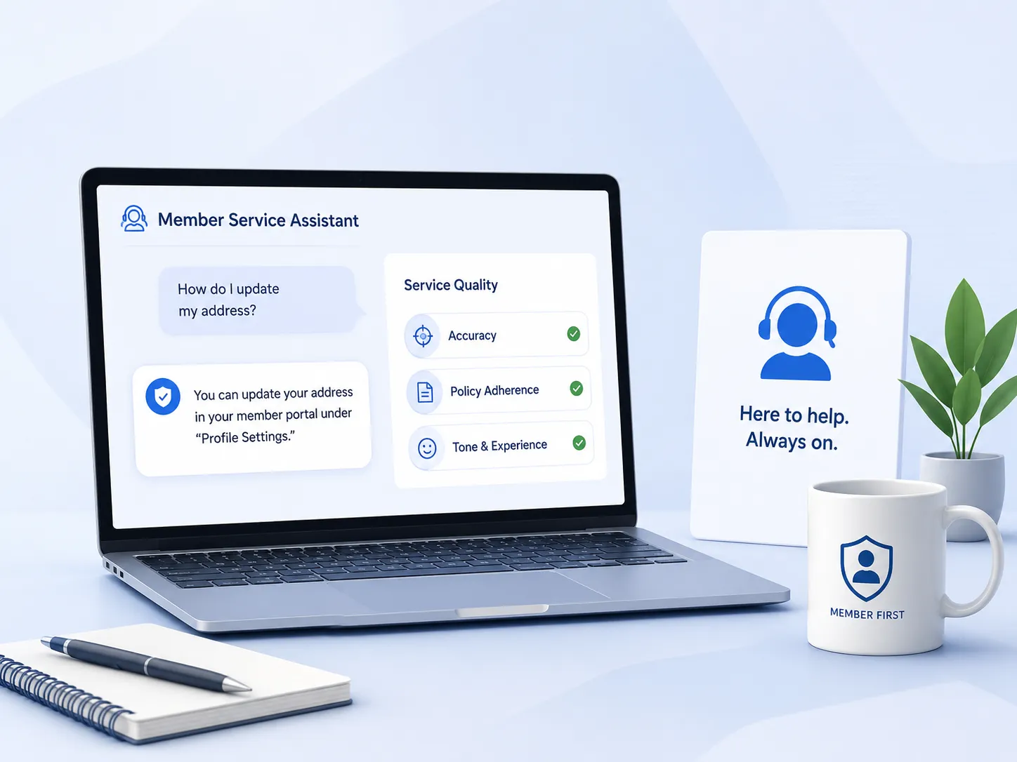 GenGuardX member service assistant answering a servicing question with accuracy, tone, and policy checks on screen