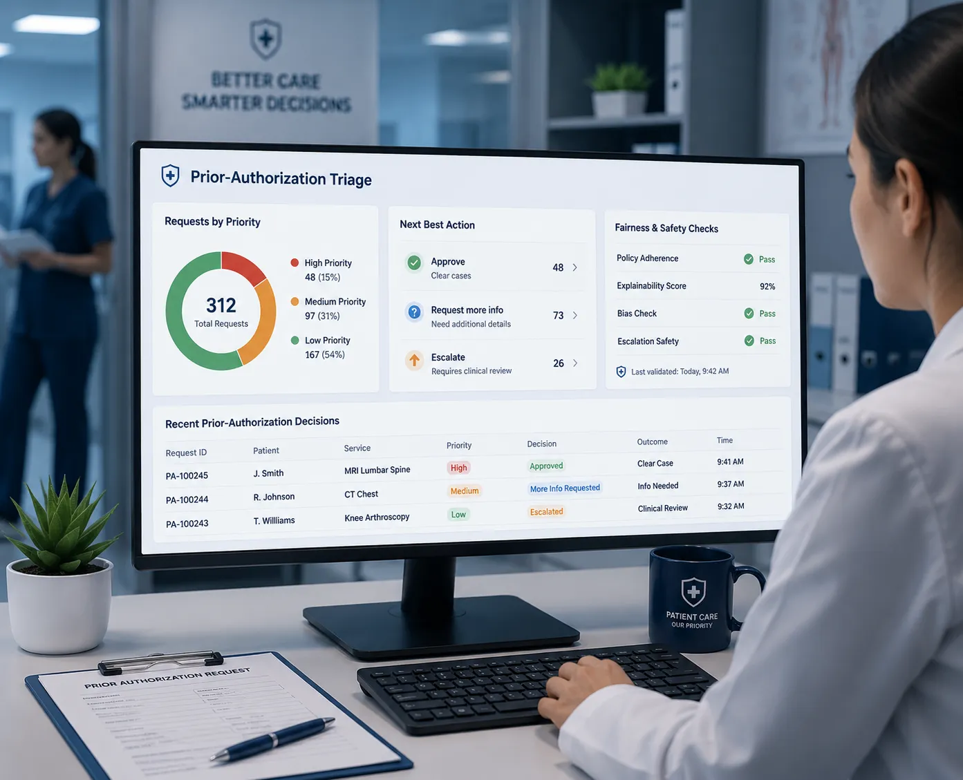 GenGuardX prior-authorization review assistant checking a request against medical policy with explainable evidence on screen